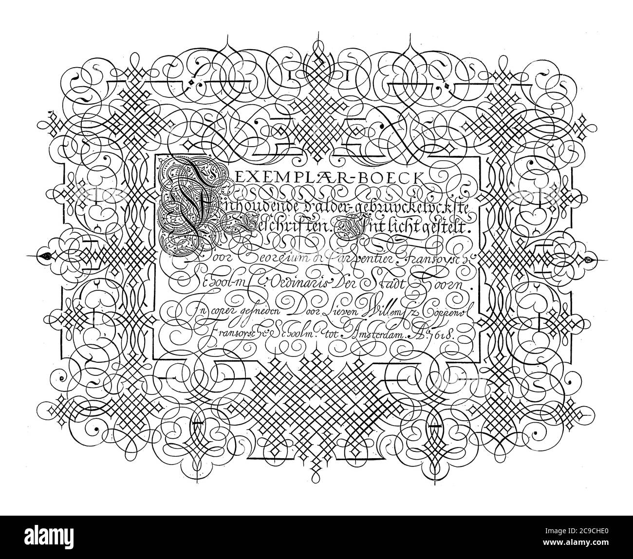 Titre imprimé pour une série d'exemples de calligraphie, Lieven Willemsz. Coppenol, d'après George de Carpentier, 1618 le titre de la série en calligraphie dans une fra Banque D'Images