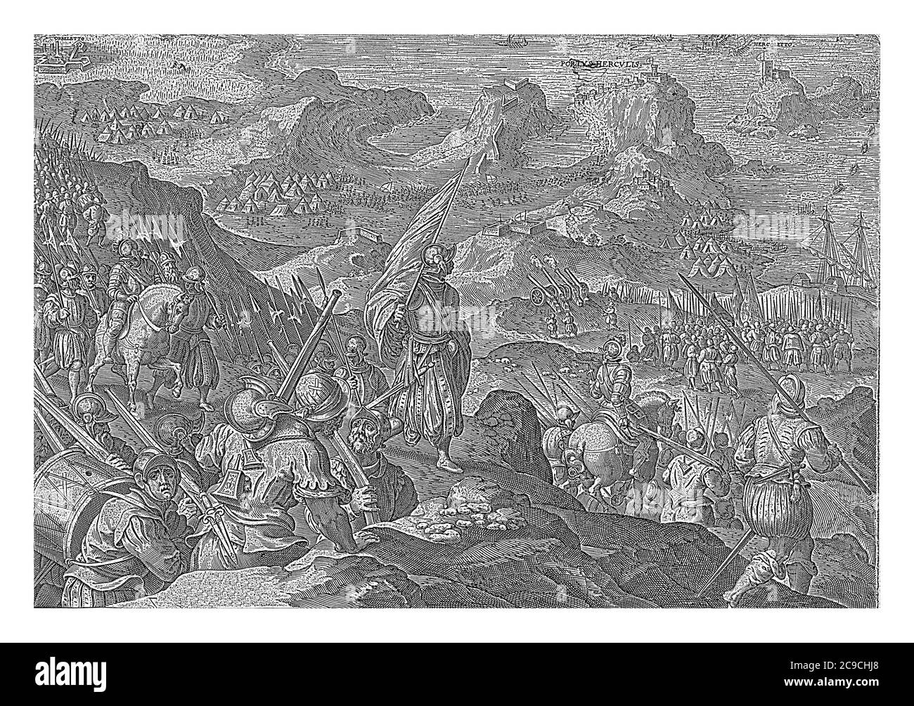 Siège et capture de Porto Ercole (1555). Les troupes de Cosimo I de 'Medici arrivent dans le paysage de montagne autour de Porto Ercole, gravure ancienne. Banque D'Images