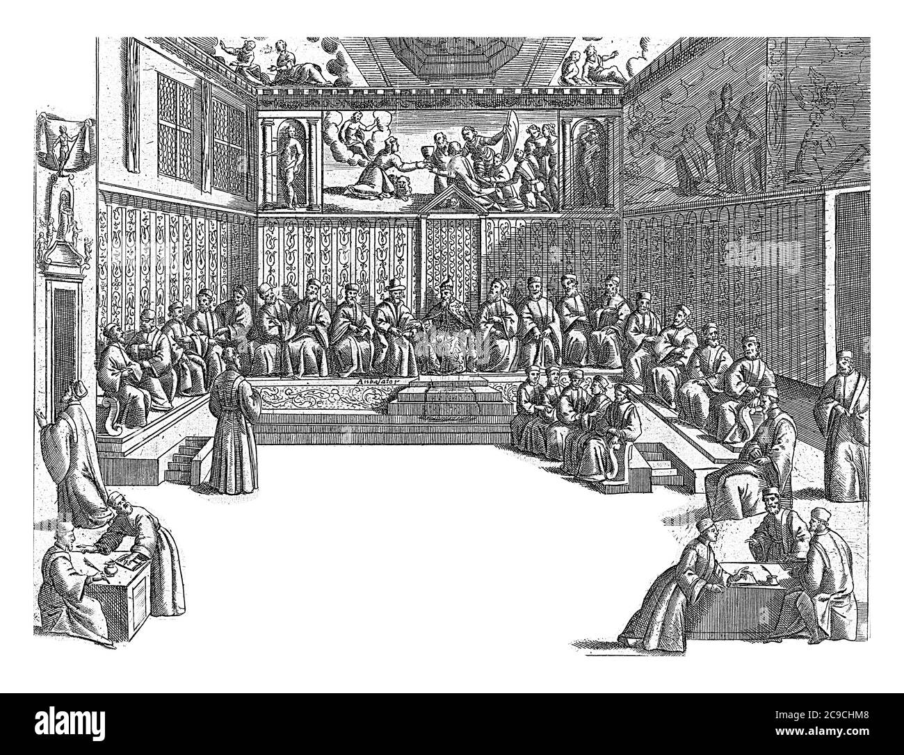 Rencontre dans la Sala del Collegio, anonyme, 1610 intérieur de la Sala del Collegio dans le Palais des Doges à Venise. La cale de Venise se trouve au milieu Banque D'Images