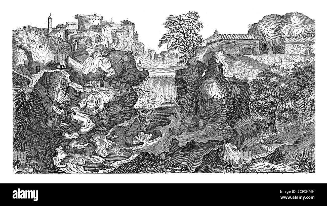 Vue sur le Tibre près de Tivoli, au milieu du paysage une cascade. Gauche Tivoli, gravure vintage. Banque D'Images