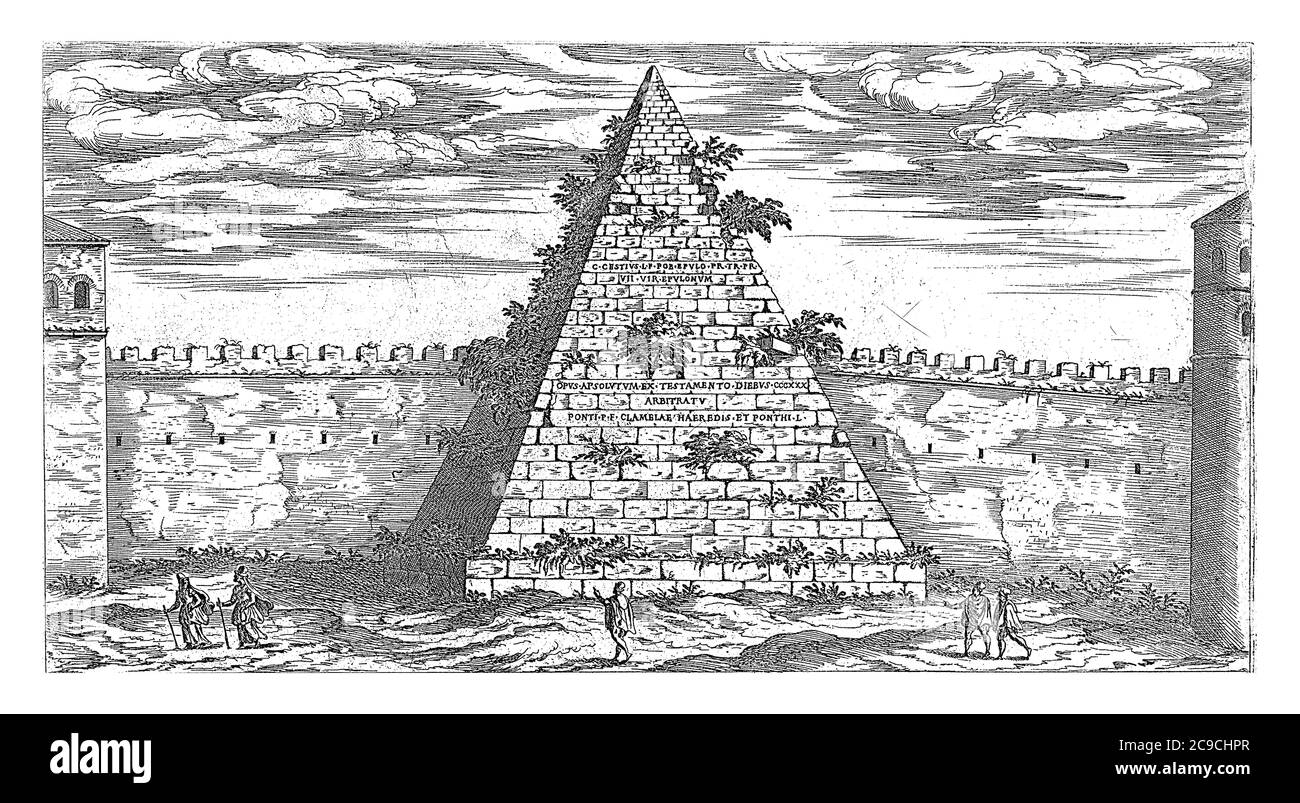 Pyramide de Cestius à Rome, Etienne Duperac, 1575 vue de la Pyramide de Cestius à Rome, gravure ancienne. Banque D'Images