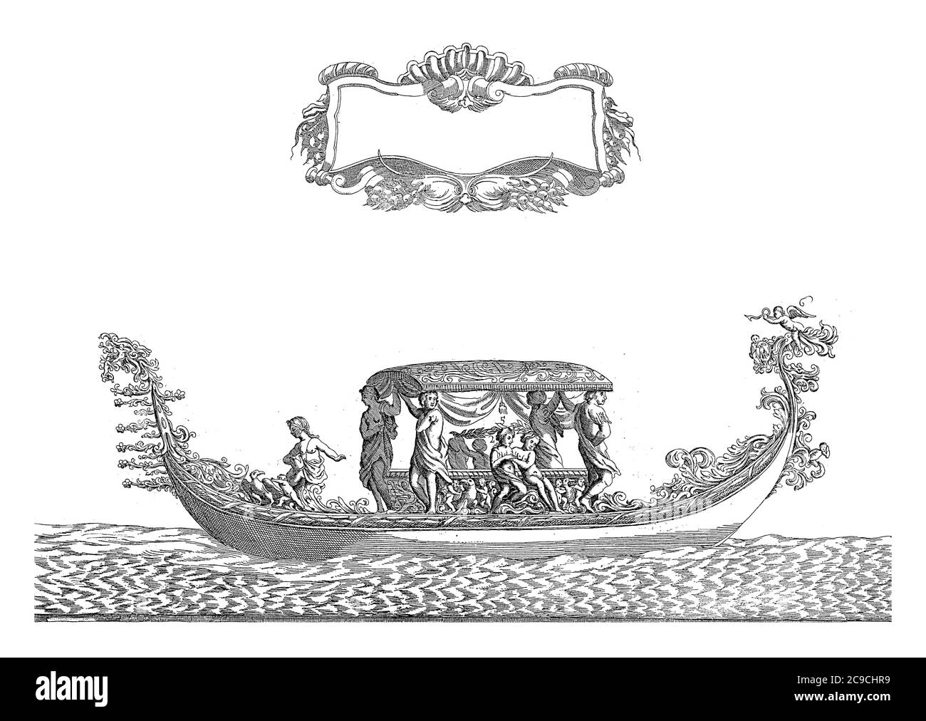 Gondole ornée de figures allégoriques. Titre en cartouche en haut au centre. Liste explicative des nombres dans la marge inférieure, gravure ancienne. Banque D'Images