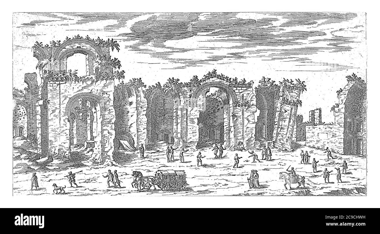 Bains de Dioclétien à Rome, Etienne Duperac, 1575 vue des vestiges des bains de Dioclétien à Rome, gravure ancienne. Banque D'Images