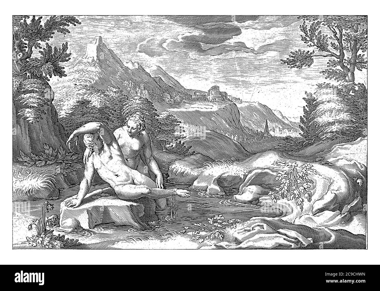 Salmacis et Hermaphroditus, le nymphe Salmacis embrasse Hermaphroditus dans un étang. Dans l'eau, ils fusionnent en une créature androgyne, l'engra vintage Banque D'Images