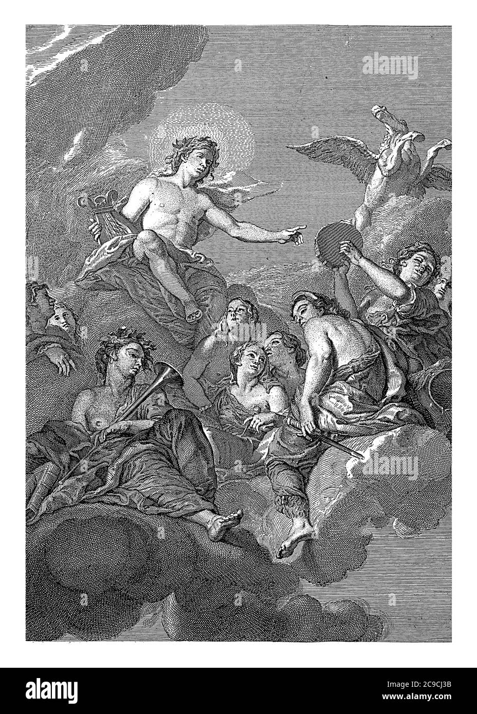 Pièce de plafond avec le dieu Apollon, enthroned sur les nuages avec le lyre dans sa main, au milieu des muses. En haut à droite sont son cheval ailé Pegasus, vintage Banque D'Images