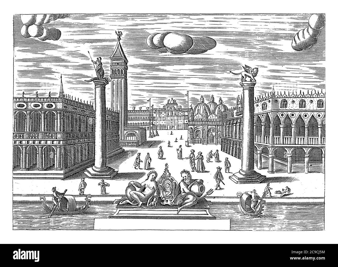 Vue sur la Piazzetta avec sur la gauche la Biblioteca Marciana et le Campanile di San Marco et sur la droite le Palais des Doges et San Marco, vintag Banque D'Images