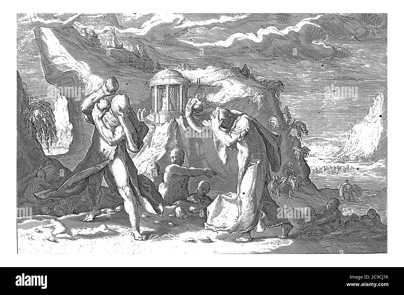 Un homme et une femme jettent des pierres couvertes derrière eux, se transformant en hommes et en femmes. Ce sont Deucalion et Pyrrha, le seul homme et la seule femme qui a survécu Banque D'Images