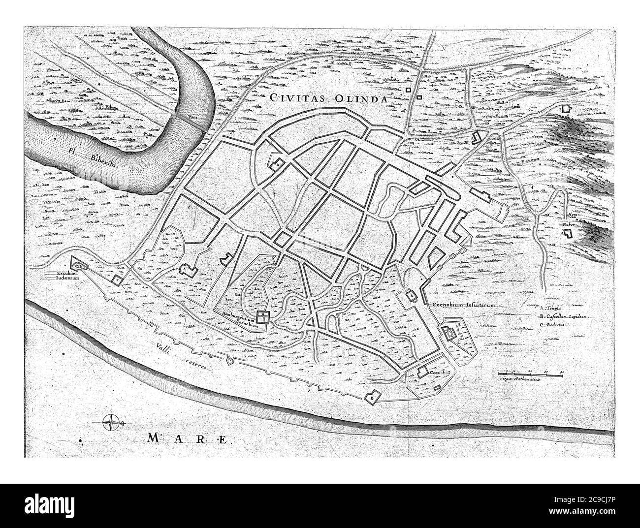 Carte d'Olinda, 1637, Jan van Brosterhuyzen, 1645 - 1647 carte de la ville d'Olinda, 1637, gravure ancienne. Banque D'Images