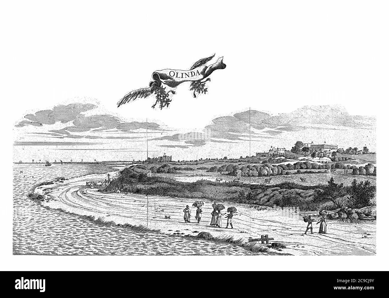 Vue d'Olinda, 1637, Jan van Brosterhuyzen, d'après Frans Jansz Post, 1645 - 1647 vue de la ville d'Olinda, 1637, gravure ancienne. Banque D'Images