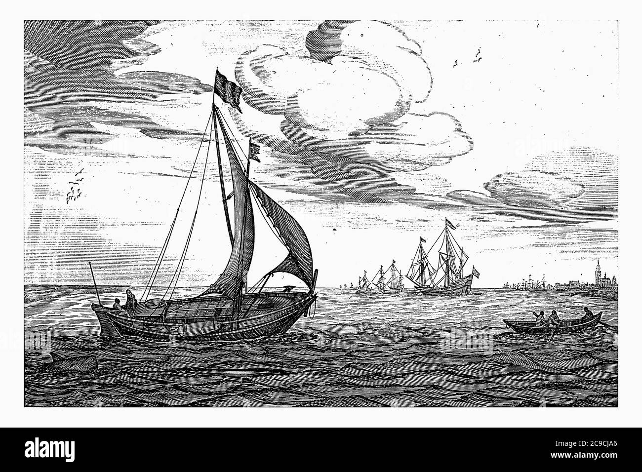 Freight Kagen, Robert de Baudous (éventuellement), après Jan Porcellis, 1670 - 1726 Freight Kagen sur l'eau, gravure vintage. Banque D'Images