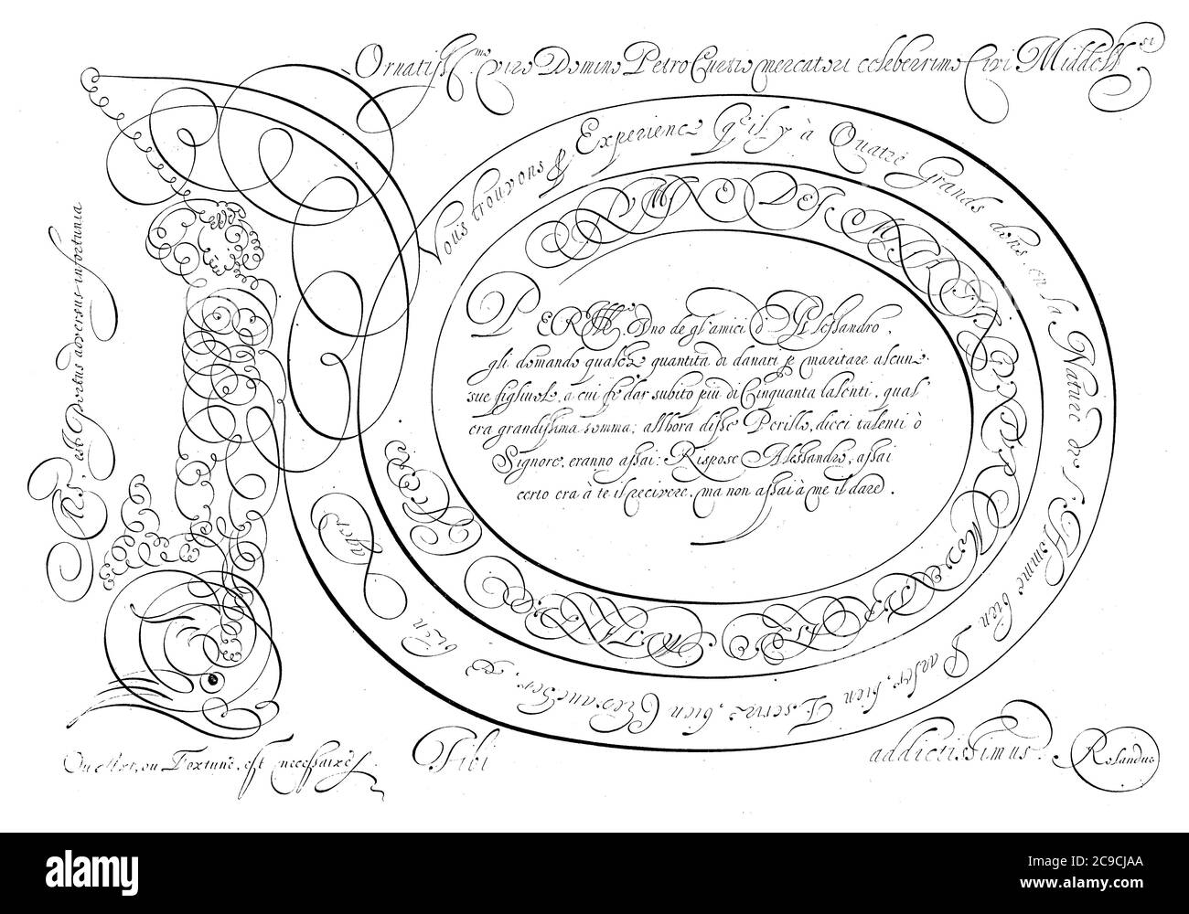 Exemple d'écriture avec Fortuna debout sur un poisson et avec une bâche dans ses mains, en curling, gravure vintage. Banque D'Images Exemple d'écriture avec Fortuna debout sur un poisson et avec une bâche dans ses mains, en curling, gravure vintage. Banque D'Images