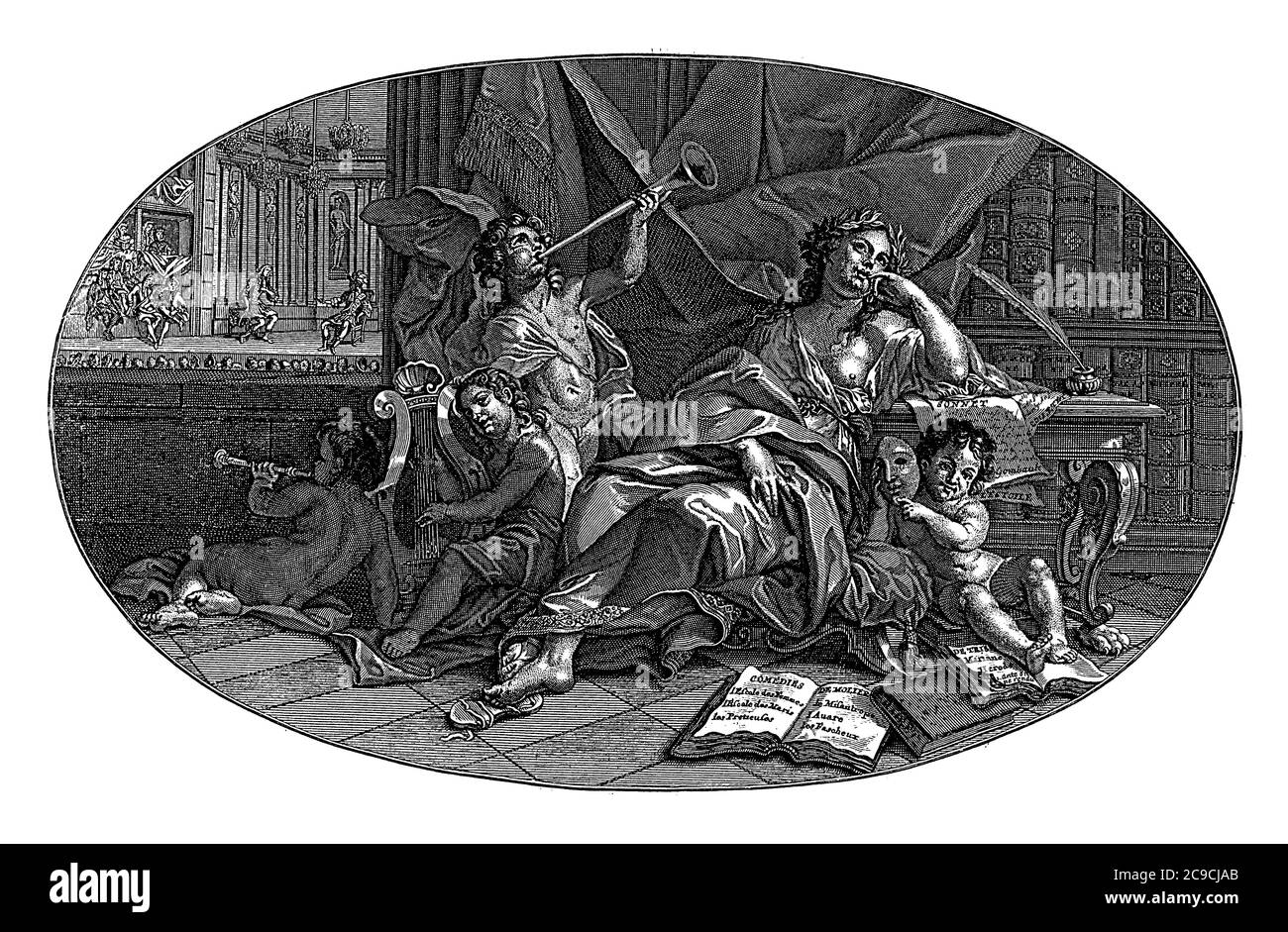 Pièce de plafond avec la poésie personnifiée, adochée contre une table d'écriture avec couronne de Laurier sur la tête, gravure vintage. Banque D'Images