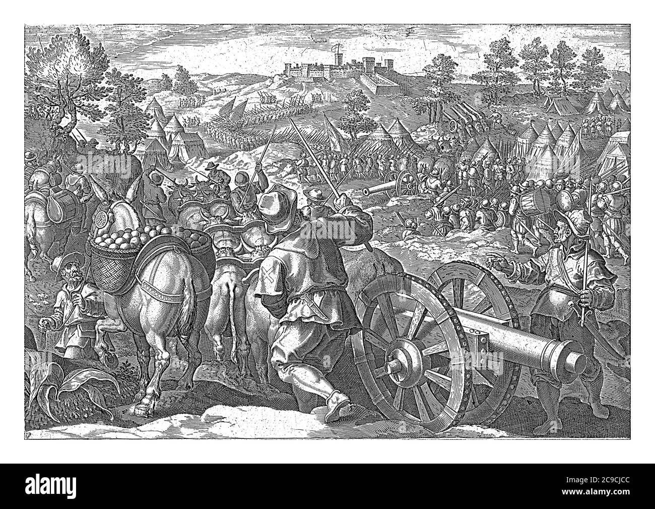 Cosimo de Medici et ses troupes avancent à Monteriggioni, près de Sienne. Au premier plan, un canon est tiré par dix oxen, gravure vintage. Banque D'Images