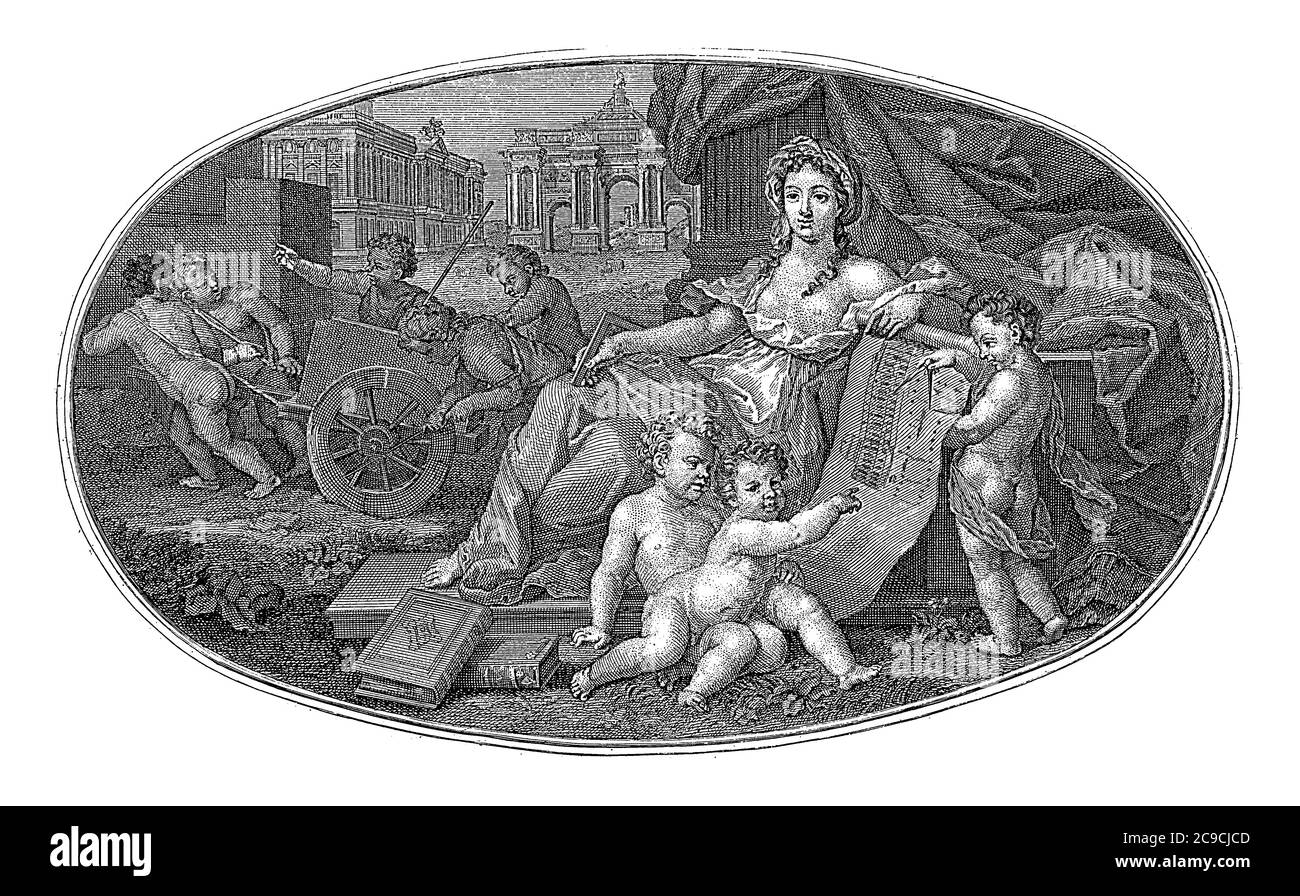 Pièce de plafond avec la personnification de l'architecture. Dans sa main elle tient un dessin de construction avec le trottoir et plan d'un bâtiment, vintage eng Banque D'Images