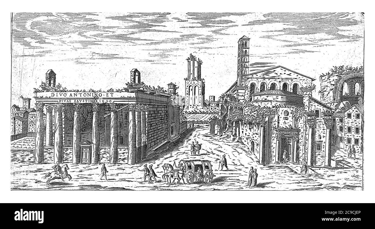 Ruine du Temple d'Antoninus et Faustina et du Temple de Romulus sur le Forum romain, gravure ancienne. Banque D'Images