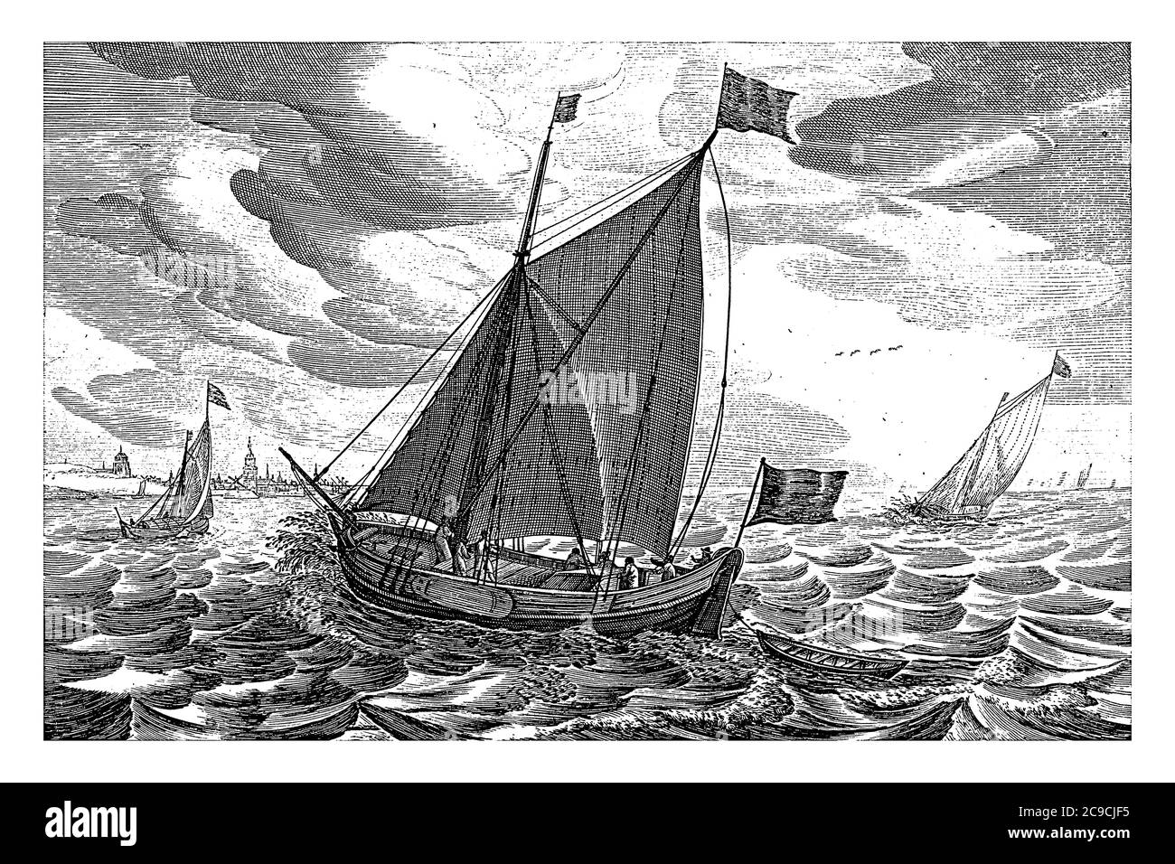 Boeiers, Robert de Baudous (peut-être), après Jan Porcellis, 1670 - 1726 Boeiers sur l'eau, gravure vintage. Banque D'Images