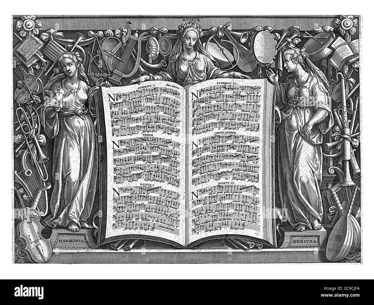 Allégorie de la louange de la musique. Titre imprimé de la série intitulée: Encomium Mucies. Au milieu un livre ouvert avec la notation musicale des six Banque D'Images
