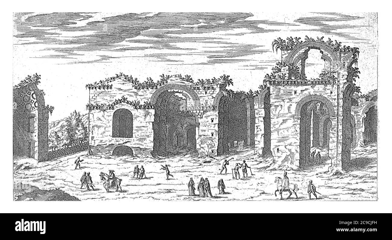 Bains de Dioclétien à Rome, Etienne Duperac, 1575 vue des vestiges des bains de Dioclétien à Rome, gravure ancienne. Banque D'Images