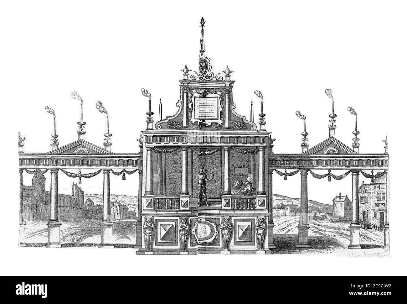 Théâtre avec l'empereur Rudolf I en 1273, à droite un scientifique avec un globe. Une colonnade avec des torches de part et d'autre de la scène, gravv vintage Banque D'Images