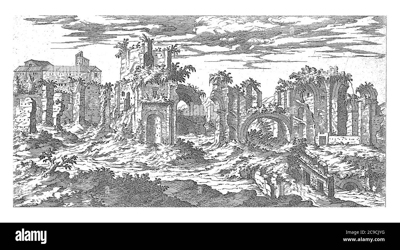 Ruines des thermes de Titus à Rome, Etienne Duperac, 1575 vue des ruines des thermes de Titus à Rome, gravure ancienne. Banque D'Images