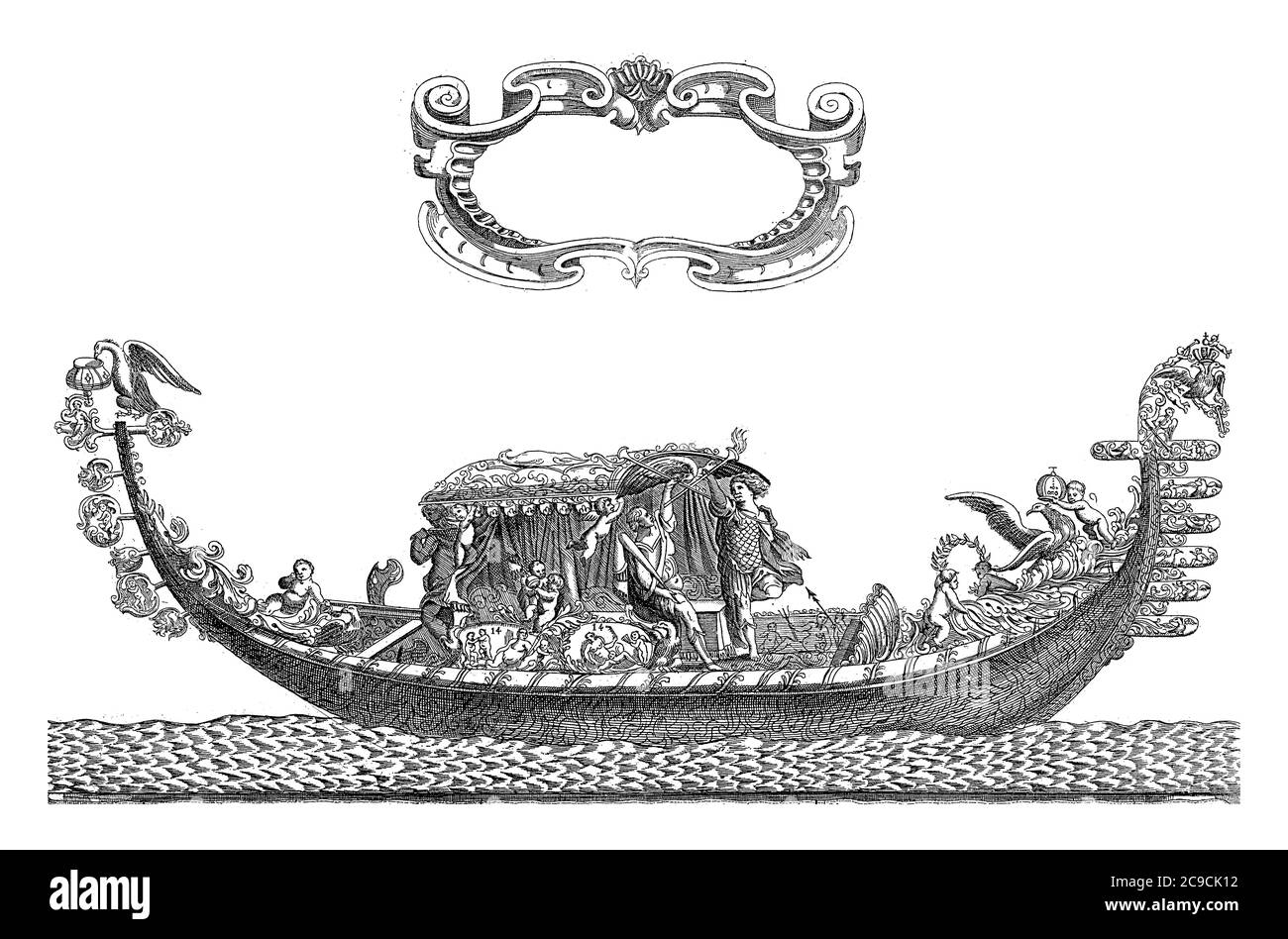 Gondole avec figures allégoriques, Antonio Francesco Lucini, 1679 Gondola ornée avec figures allégoriques, gravure vintage. Banque D'Images