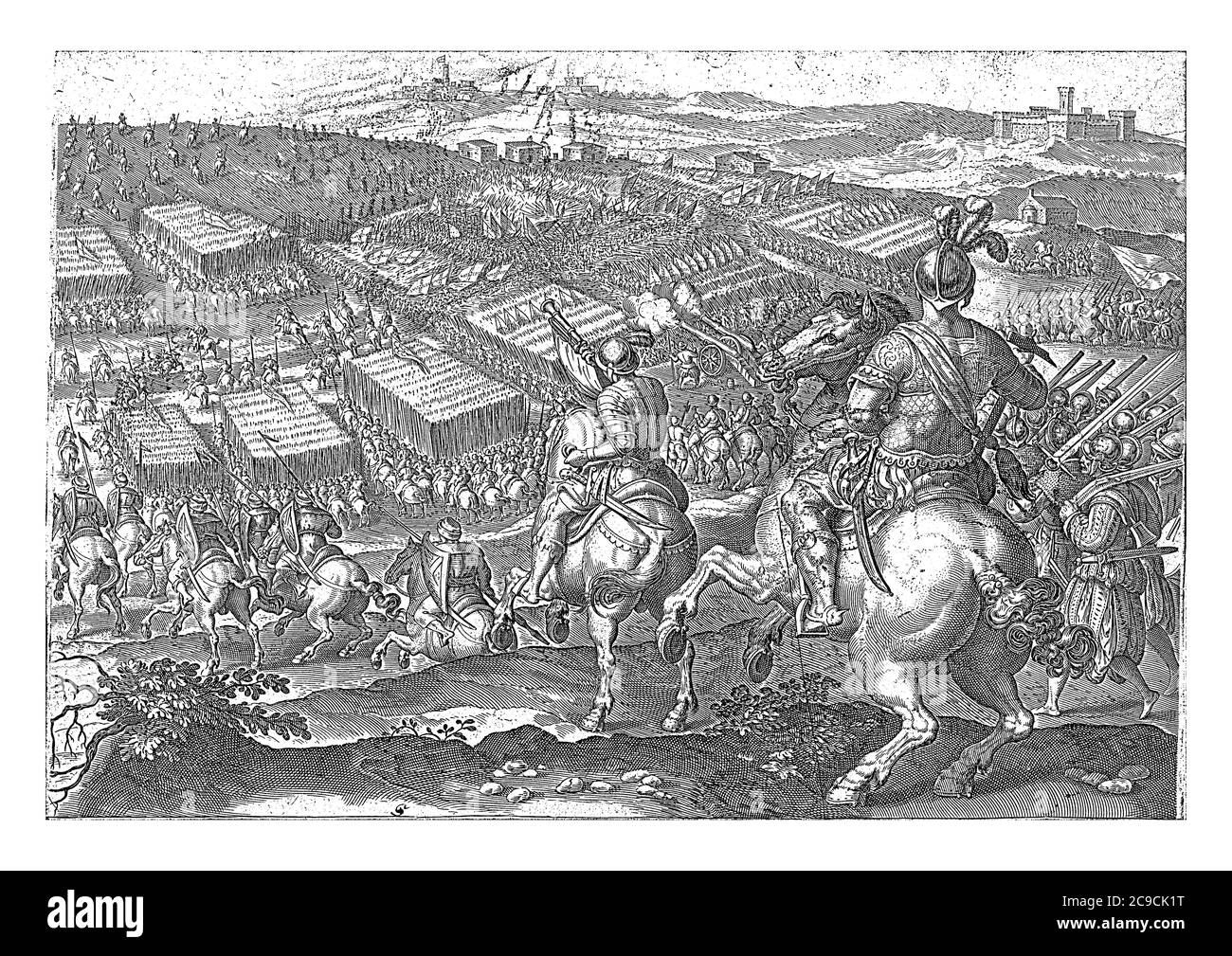 Départ de Pietro Strozzi pendant la bataille de Marciano, l'armée française de Pietro Strozzi souffle la retraite. En arrière-plan la ville de Marciano, vint Banque D'Images