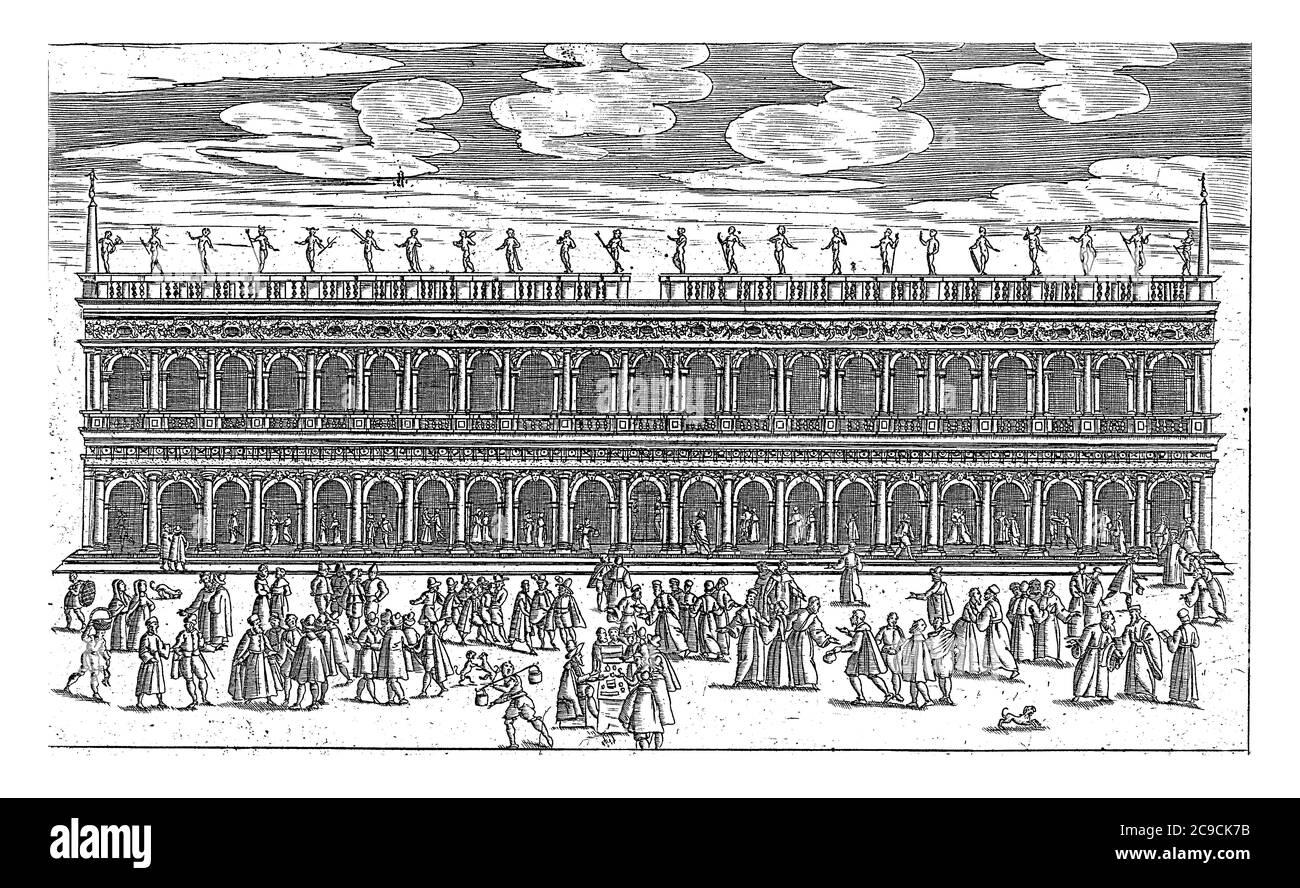 Façade de la Biblioteca Marciana avec activité en premier plan à la Piazzetta, gravure ancienne. Banque D'Images Façade de la Biblioteca Marciana avec activité en premier plan à la Piazzetta, gravure ancienne. Banque D'Images