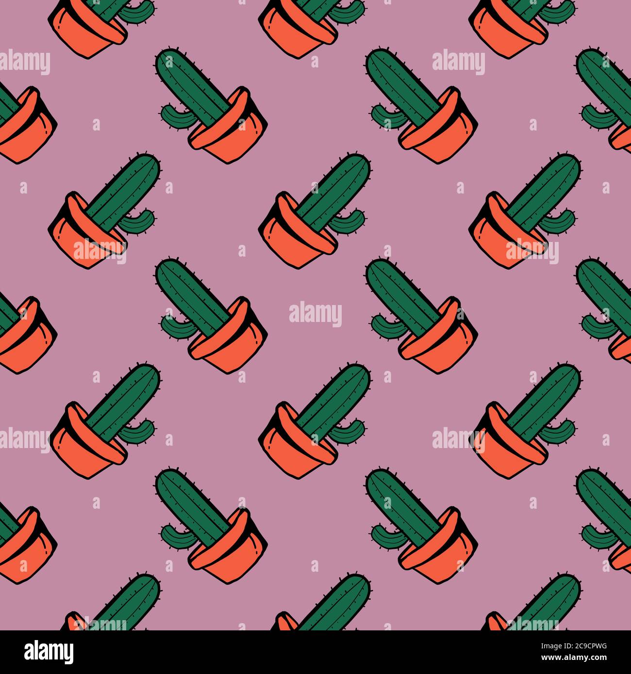Cactus dans un pot, motif sans couture sur fond rose. Illustration de Vecteur
