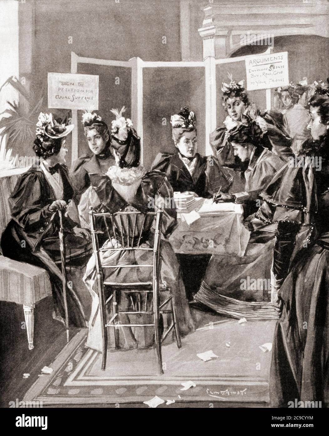 Les femmes de New York ont des suffragettes qui travaillent à obtenir des signatures pour des pétitions en faveur de leur mouvement. Après une illustration de Benjamin West Clinedinst dans l'édition du 3 mai 1894 du journal illustré de Frank Leslie. Banque D'Images