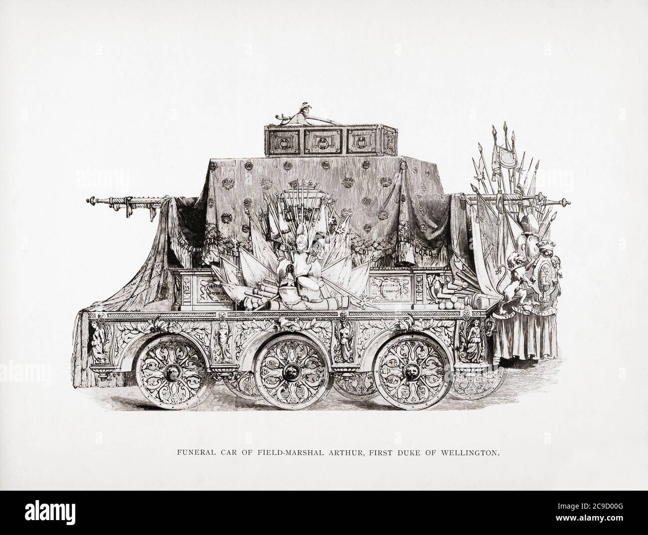 La voiture funéraire du duc de Wellington. Quand il est mort en 1852, la reine Victoria a commandé un enterrement d’État pour lui au coût de 100,000 livres sterling, pour une valeur de plus de 3 millions de livres sterling dans l’argent d’aujourd’hui. Après une illustration d'un artiste non identifié dans un album publié en 1899. Banque D'Images