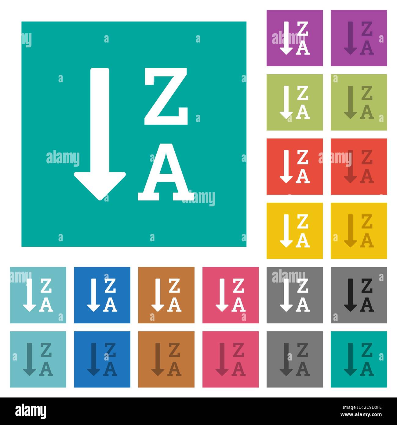 Ordre alphabétique décroissant liste multi-couleurs icônes plates sur fond carré Uni. Variantes d'icônes blanches et foncées incluses pour le survol ou l'ac Illustration de Vecteur