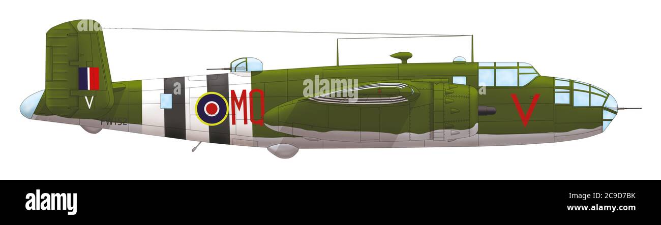 North American Mitchell Mk.II (FW152, MQ○V), piloté par l’officier de vol A. N. Mc Queen du 226e Escadron RAF, aérodrome de Hartford Bridge, juin 1944 Banque D'Images