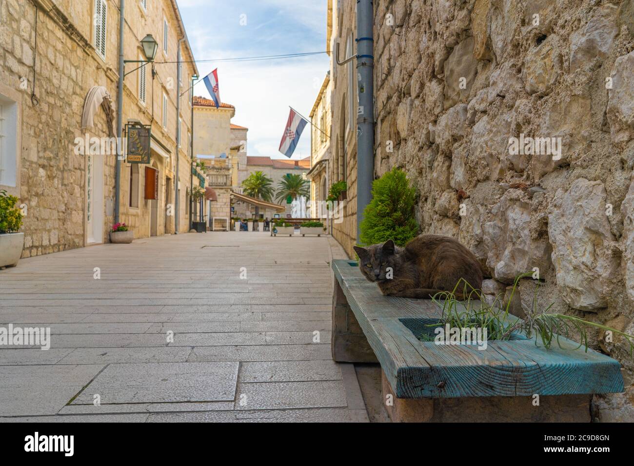 Rue vide de la vieille ville de Rab en Croatie. Drapeau croate. Cat est assis sur le banc sur la rue vide de la ville touristique Rab. Banque D'Images