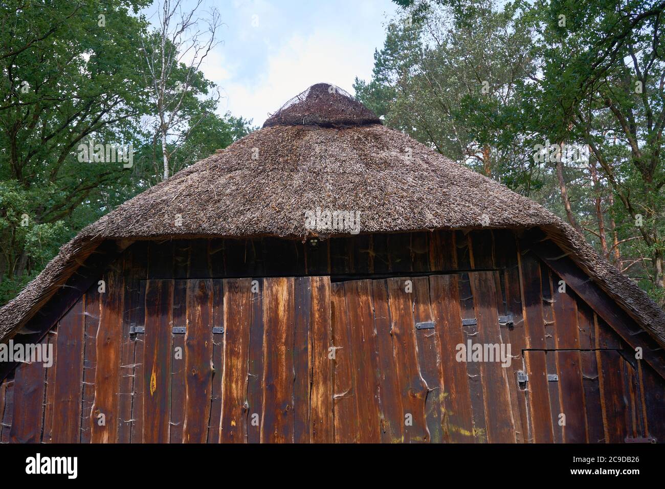 un vieux magnifique hangar en bois avec toit en herbe Banque D'Images