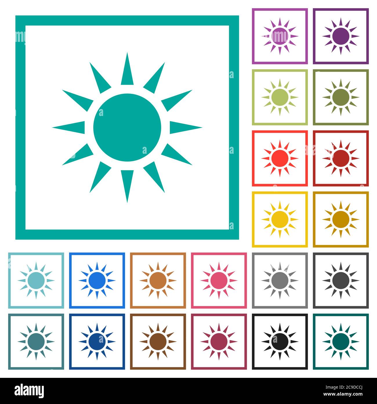 Icônes de couleur plate Sun avec cadres quadrants sur fond blanc Illustration de Vecteur