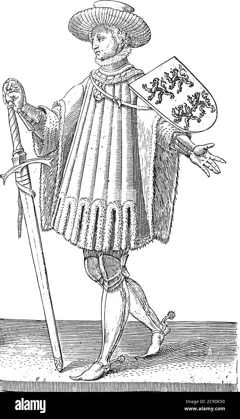 Compte John II de Hollande, en entier. La pointe de son épée est sur le sol. Sur les armoiries quatre lions grimpants, gravure vintage. Illustration de Vecteur