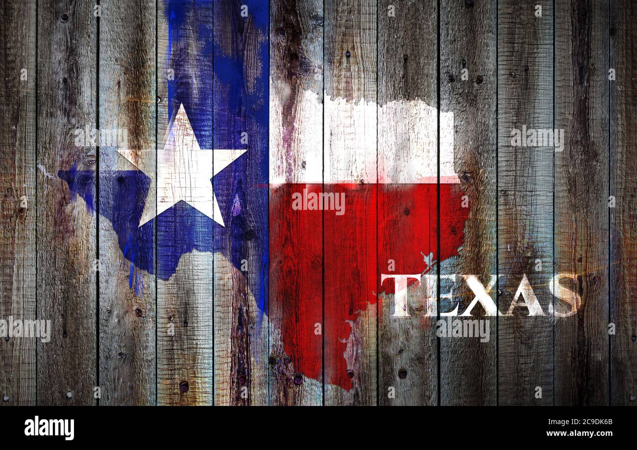 Drapeau du Texas et carte sur fond de bois ancien Banque D'Images