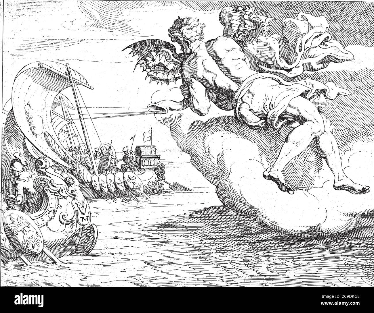 Zephyrus souffle Odysseus 'la hanche en avant, Theporte van Thulden, après Francesco Primaticcio, après Nicolo dell Abate, Zephyrus, dieu du vent de l'ouest, Blo Illustration de Vecteur
