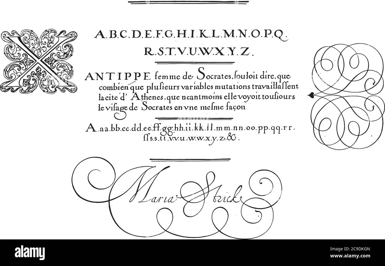 Exemple d'écriture avec majuscule X, Hans Strick, 1618 exemple d'écriture avec majuscule X et quatre lignes de texte en français, gravure vintage. Illustration de Vecteur