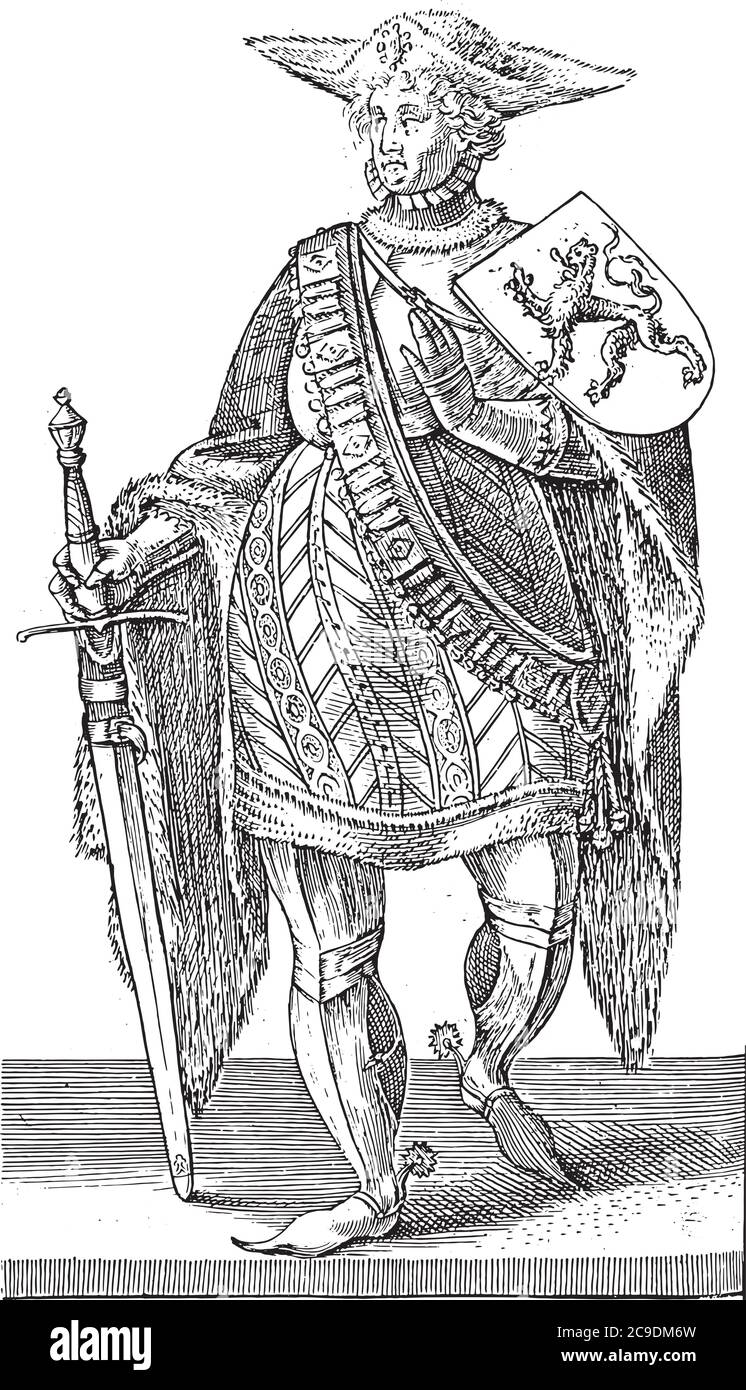 Comte Floris II, pleine longueur, avec les armoiries d'un lion grimpant. L'épée dans sa main droite est pointue sur le sol, gravure vintage. Illustration de Vecteur
