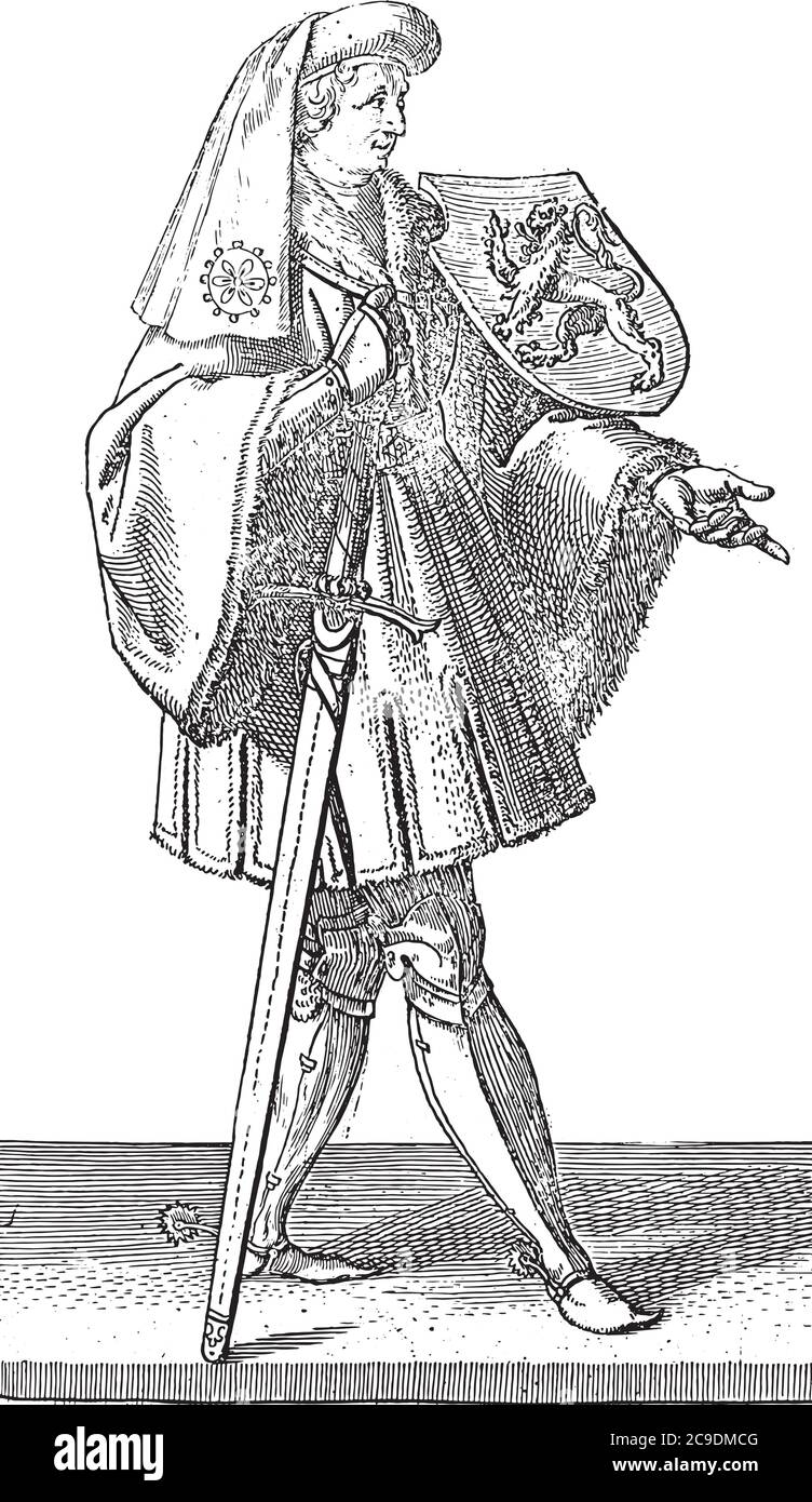 Compte John I des pays-Bas, dans son intégralité. La pointe de son épée est sur le sol. Un lion grimpant sur les armoiries, gravure vintage. Illustration de Vecteur