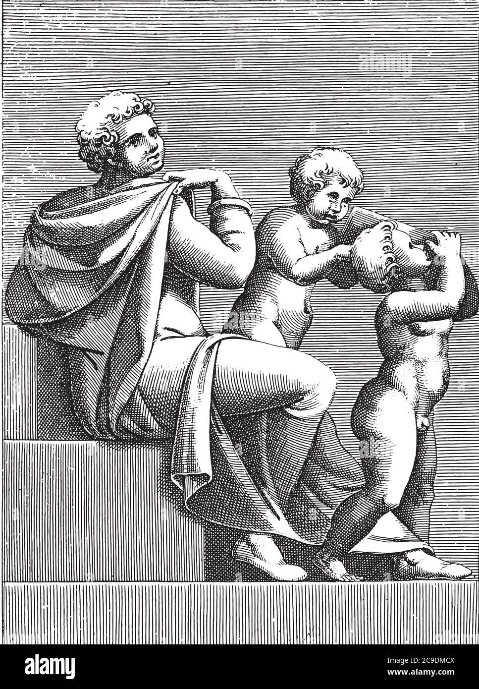 Jeune homme assis avec deux enfants, Adamo Scultori, d'après Michel-Ange, 1585, gravure vintage. Illustration de Vecteur