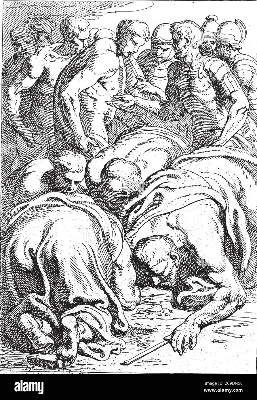 Tiresias boit le sang du sacrifice, Tiresias boit d'abord le sang du sacrifice qu'Odysseus a apporté au monde inférieur, gravin vintage Illustration de Vecteur