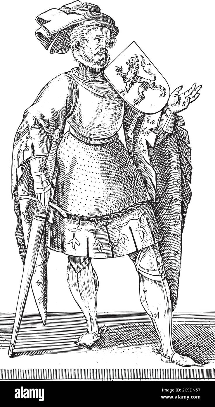Compter Dirk VII de Hollande, en entier. Son épée repose avec le point sur le sol. Un lion grimpant sur les armoiries, gravure vintage. Illustration de Vecteur