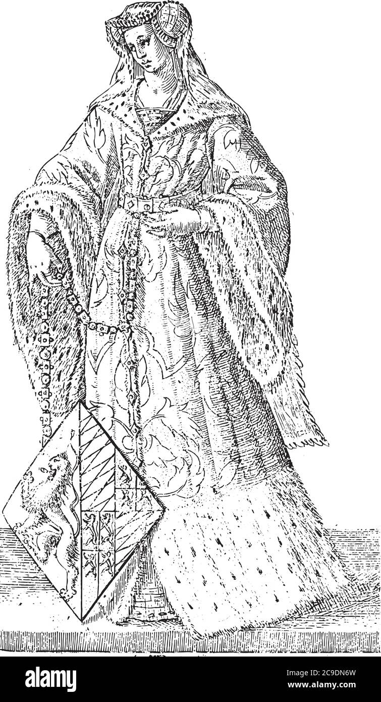 Comtesse Jacoba de Bavière, portrait en longueur, avec blason. Numéroté au bas 7, gravure vintage. Illustration de Vecteur