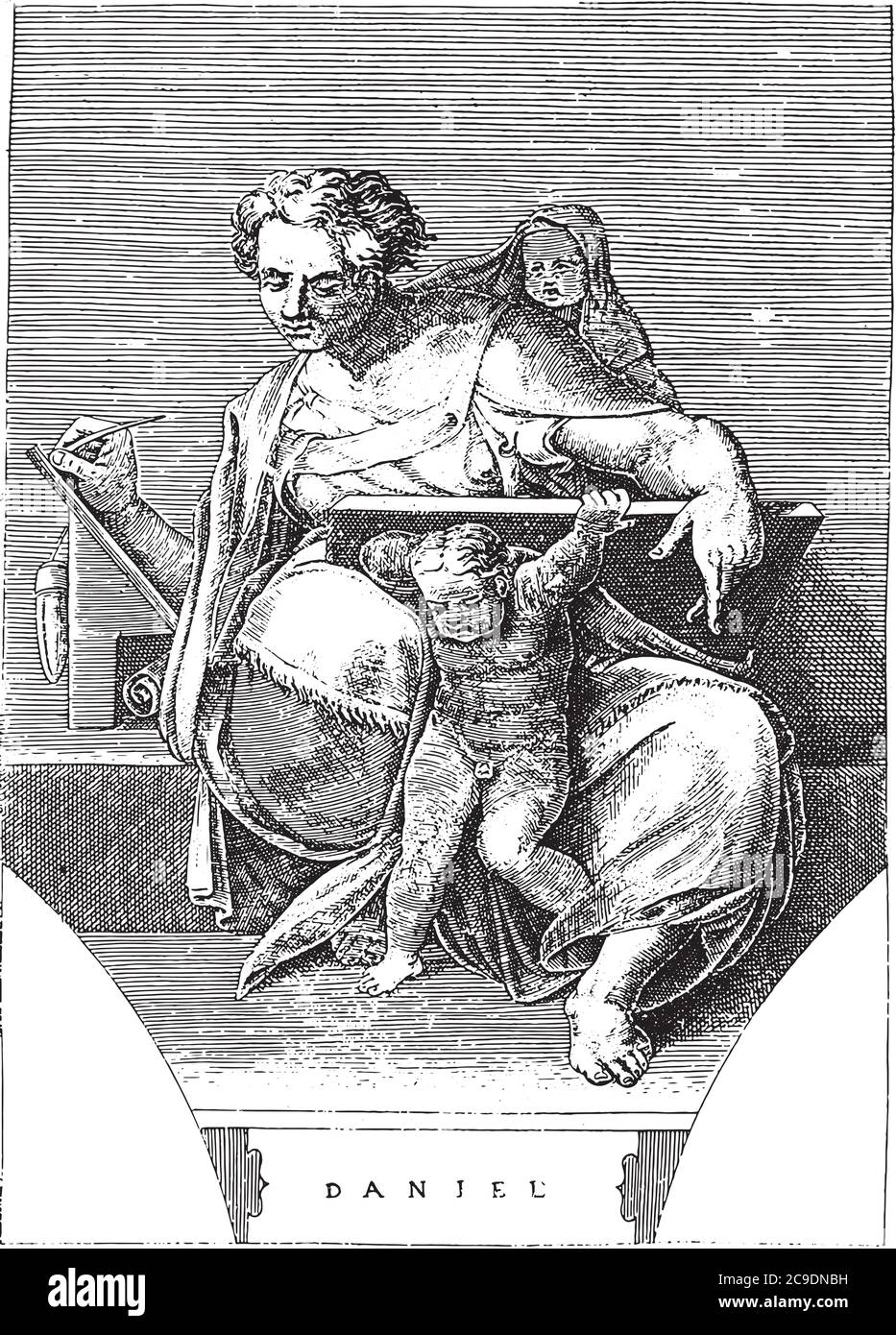 Le prophète Daniel, Adamo Scultori, après Michel-Ange, 1585 le prophète Daniel assis avec un comprimé d'écriture. À côté du prophète deux petites figures, vint Illustration de Vecteur