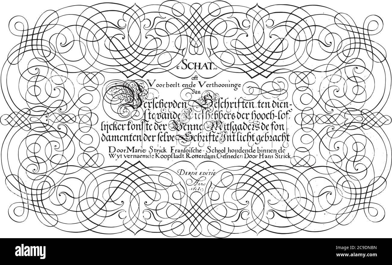 Titre imprimé pour une série d'exemples d'écriture calligraphique, Hans Strick, 1618, le titre en calligraphie dans un cadre de boucles et de moresken, e vintage Illustration de Vecteur