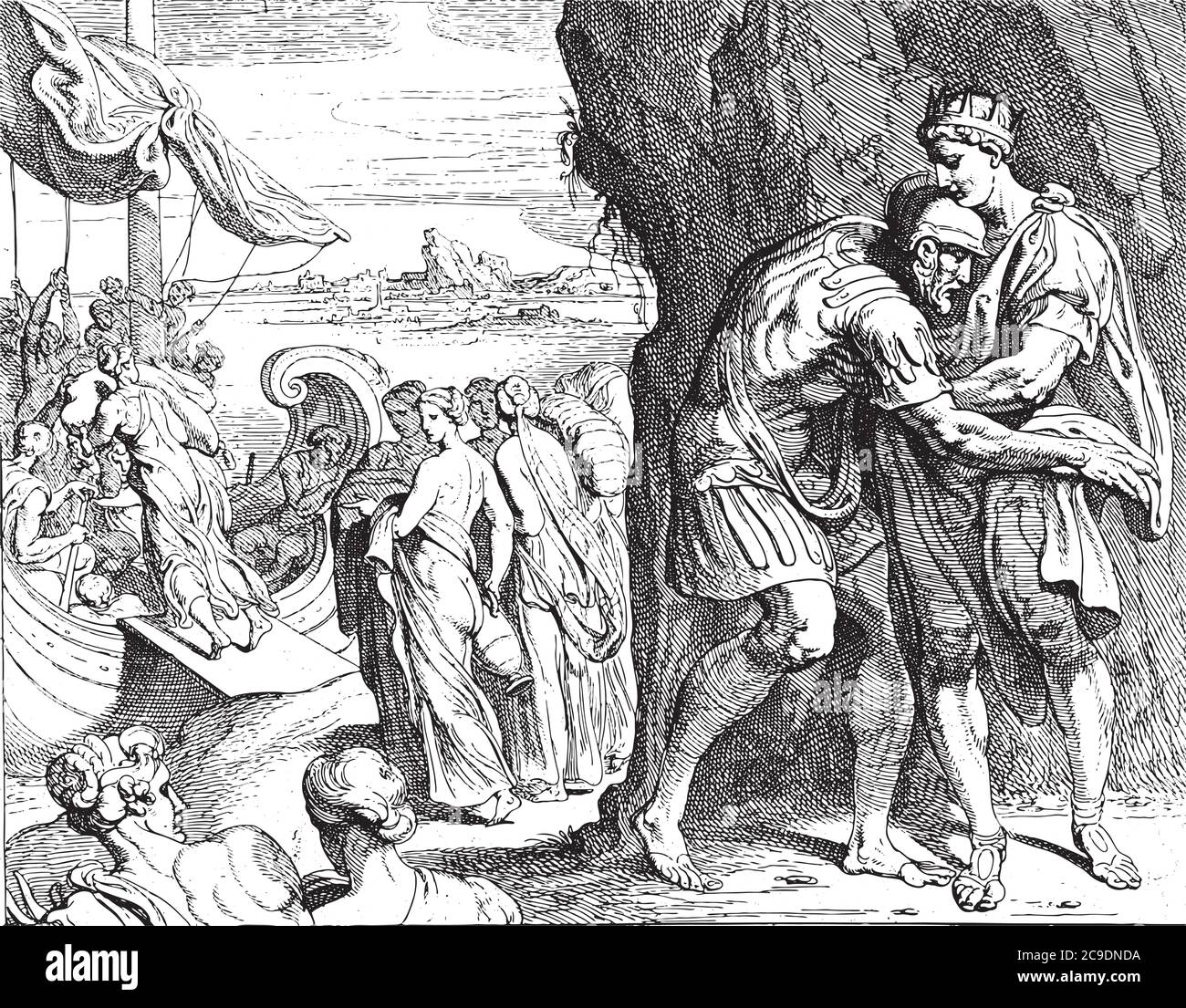 Odysseus dit Au revoir à Alcinous, Odysseus dit Au revoir au roi Alcinous. En arrière-plan, le Faiaken prépare un navire pour naviguer à bord d'Odysseus vers Ithaca, v Illustration de Vecteur