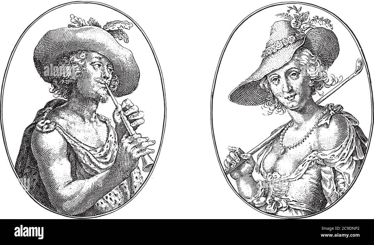 Coridon et Silvia, Crispijn van de passe (II), 1635 deux représentations sur une feuille d'album. Sur le berger gauche de Coridon avec flûte. Silvia droit avec Illustration de Vecteur