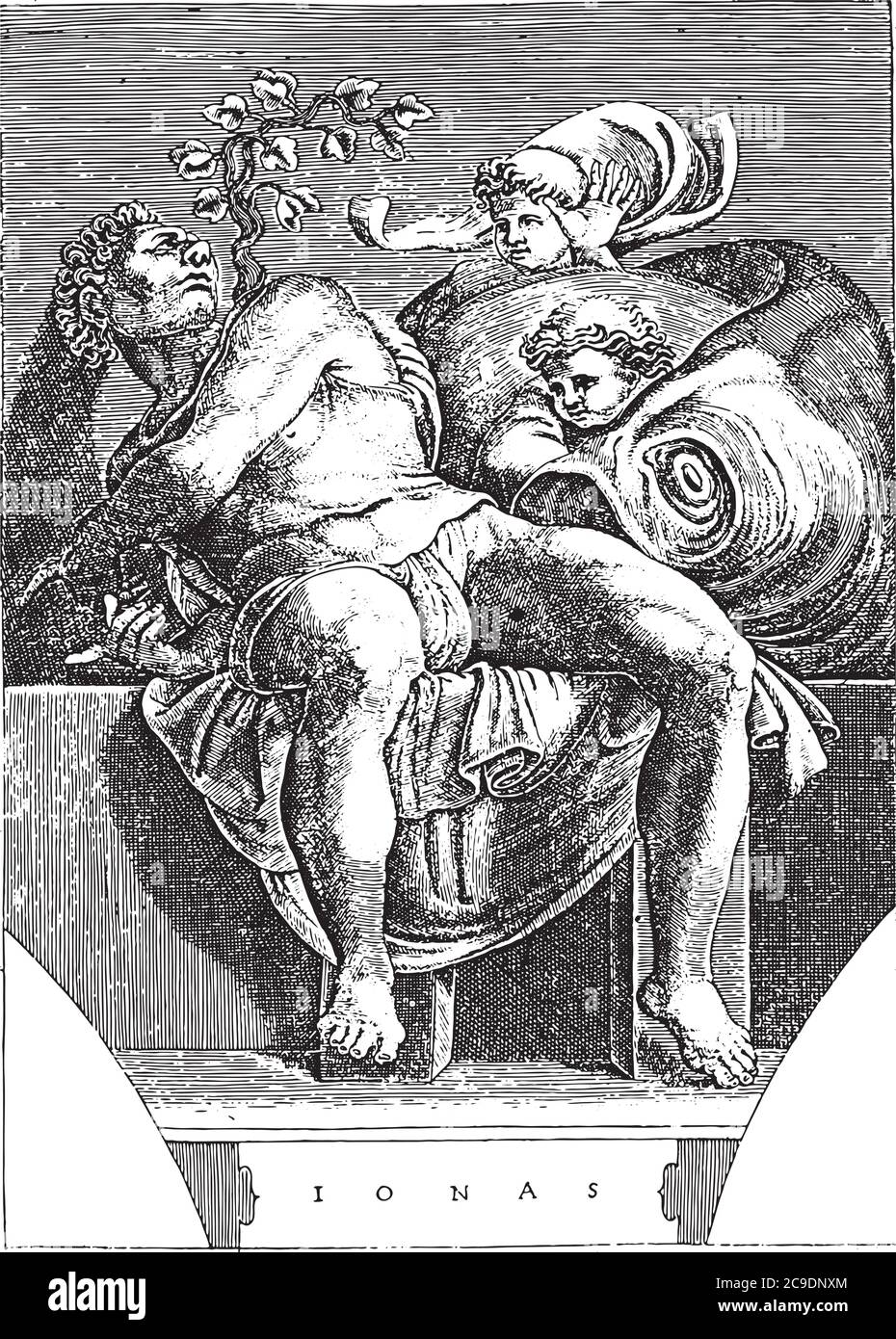 Le prophète Jonas, Adamo Scultori, après Michel-Ange, 1585 le prophète Jonas assis avec le poisson et deux petites figures sur la droite, gravure vintage. Illustration de Vecteur